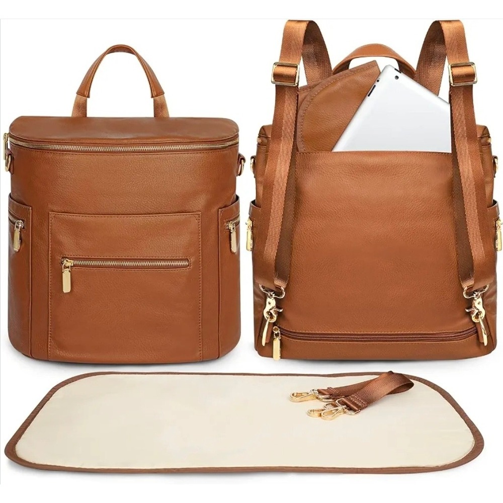 Miss Fong Leather Diaper Bag Backpack Convertible Travel Bag Brown Large
